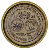 Cap box, 1-3/4" diameter, 
empty, with antique style label marked, 
J. Goldmark's Percussion Caps 1858 Warranted, Manf'd by the Winchester Repeating Arms Co. New Haven Conn.  Cap box, 1-3/4" diameter, 
empty, with antique style label marked, 
J. Goldmark's Percussion Caps 1858 Warranted, Manf'd by the Winchester Repeating Arms Co. New Haven Conn.